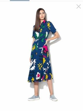 Desigual Flandes Blue Floral Print Button Down Shirt Midi Dress Size 40 EU